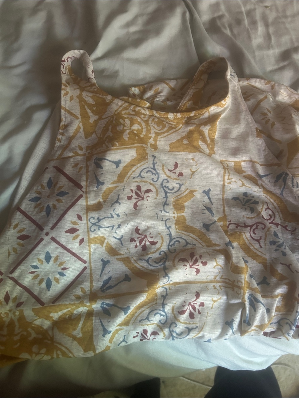 Prana-Sleeveless Tile Print Tank Top in Mustard, Blue & Red